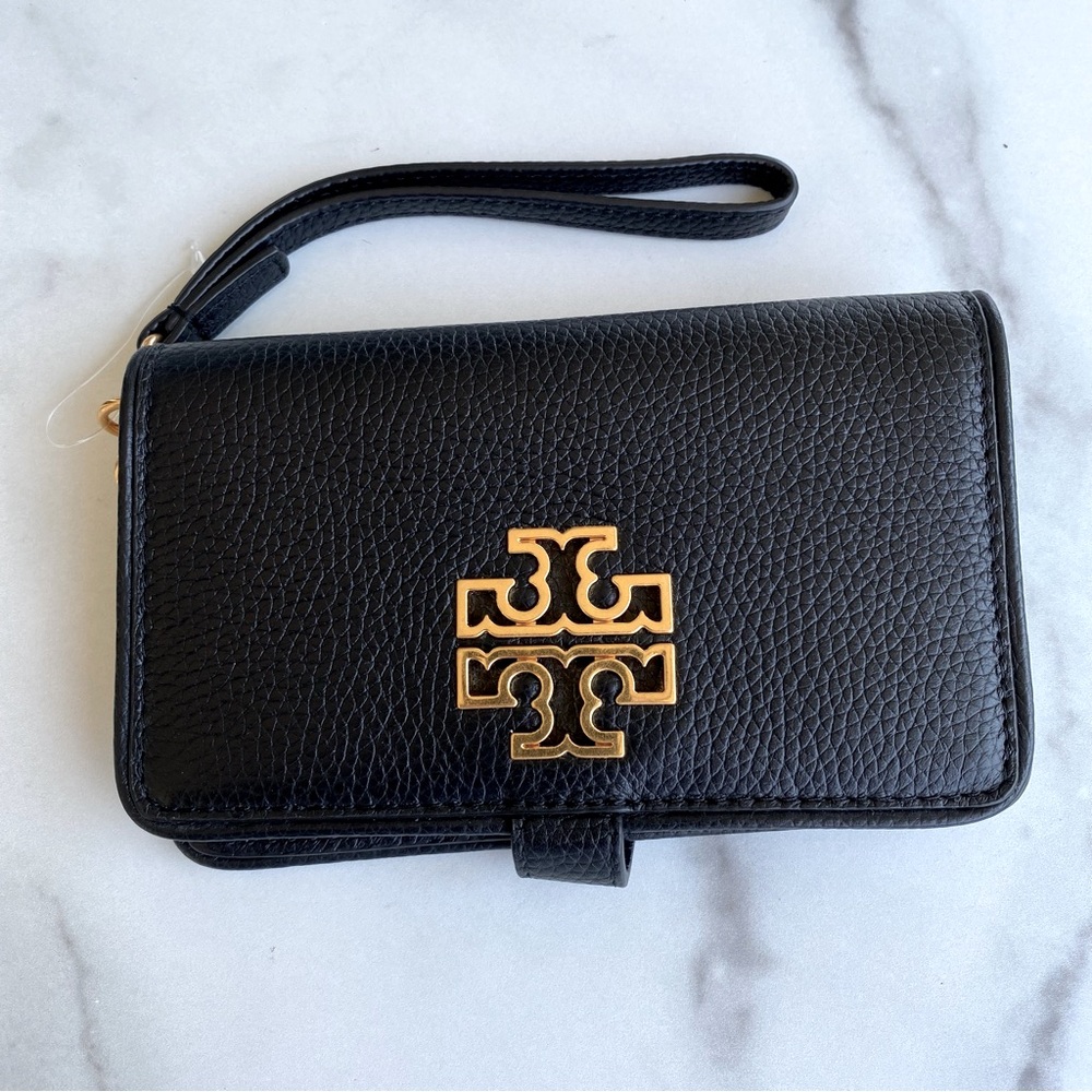 TORY BURCH Black & Gold Miller Logo Britten Phone Snap Wristlet Wallet